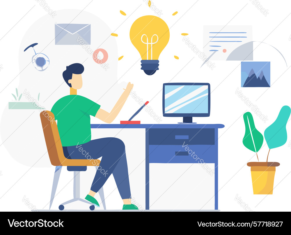 Person arbeitet mit einem Laptop und Brainstorming Vektorbild