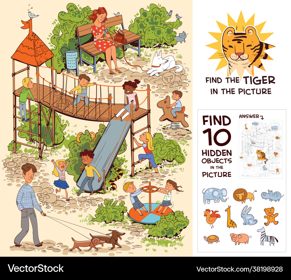 Children in playground find 10 hidden objects vector image