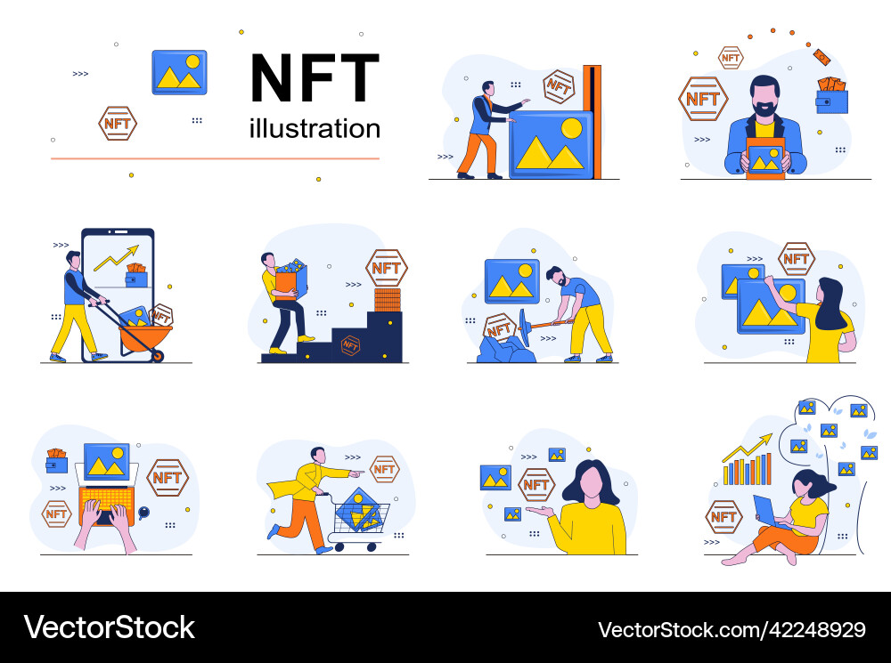 Nft Konzept mit Menschen Szenen in flachem Design Nft Konzept mit Menschen Szenen in flachem Design vektorbild