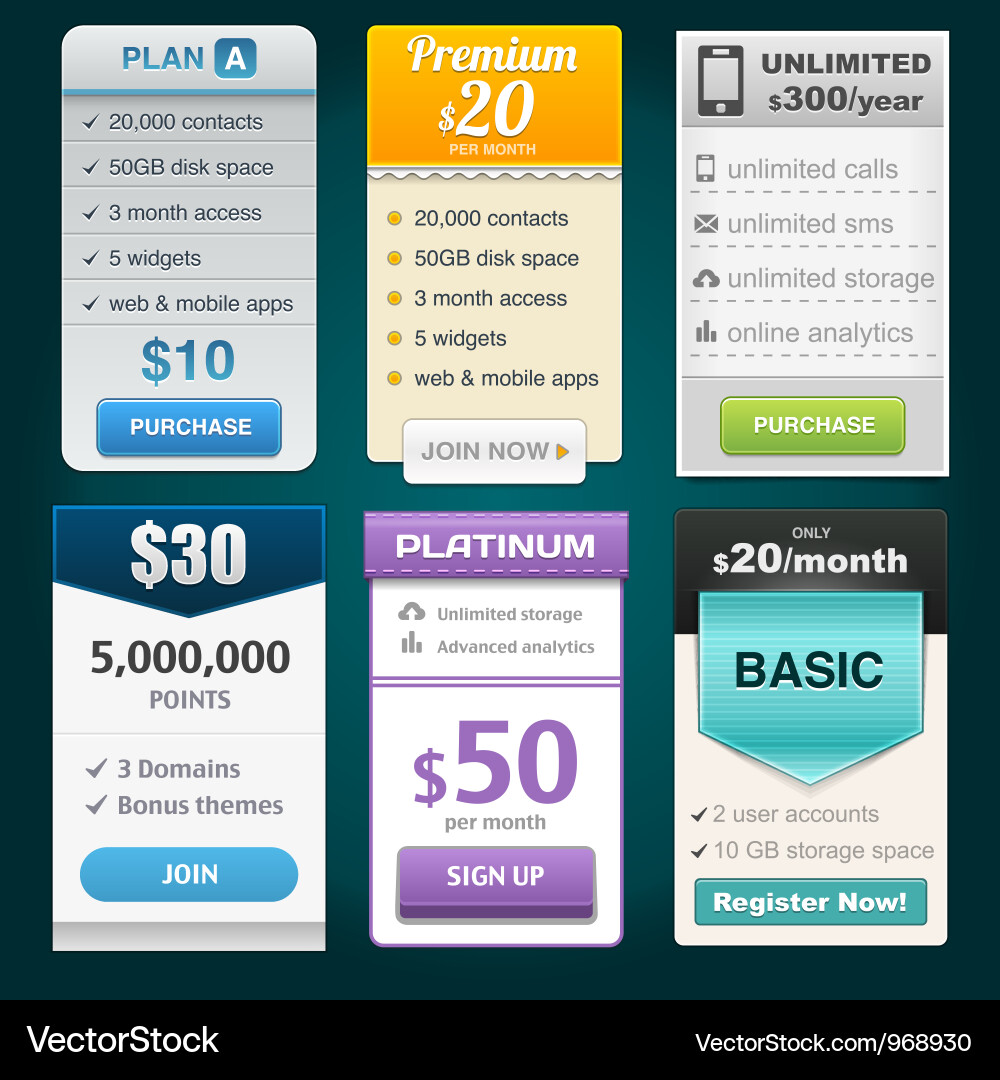Pricing Table UI Kit Vector Image