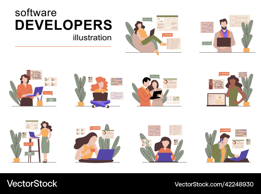 Software developers concept with people scenes set Software developers concept with people scenes set vector image