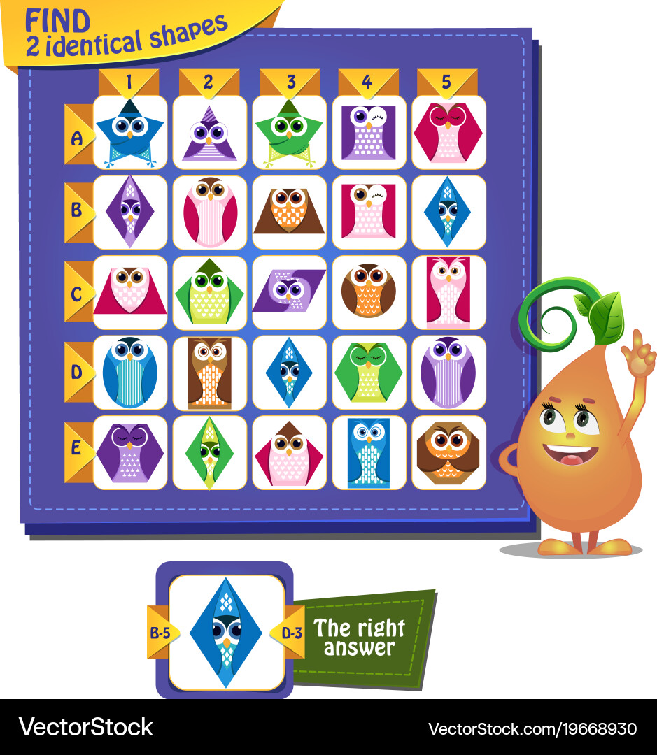Visual game for children find 2 identical shapes vector image