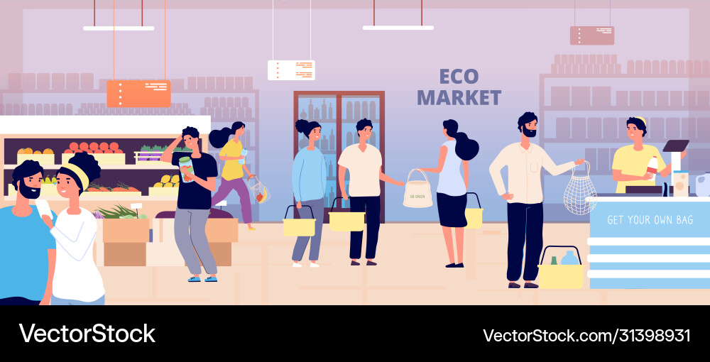 Eco grocery store people with own textile bags Eco grocery store people with own textile bags vector image