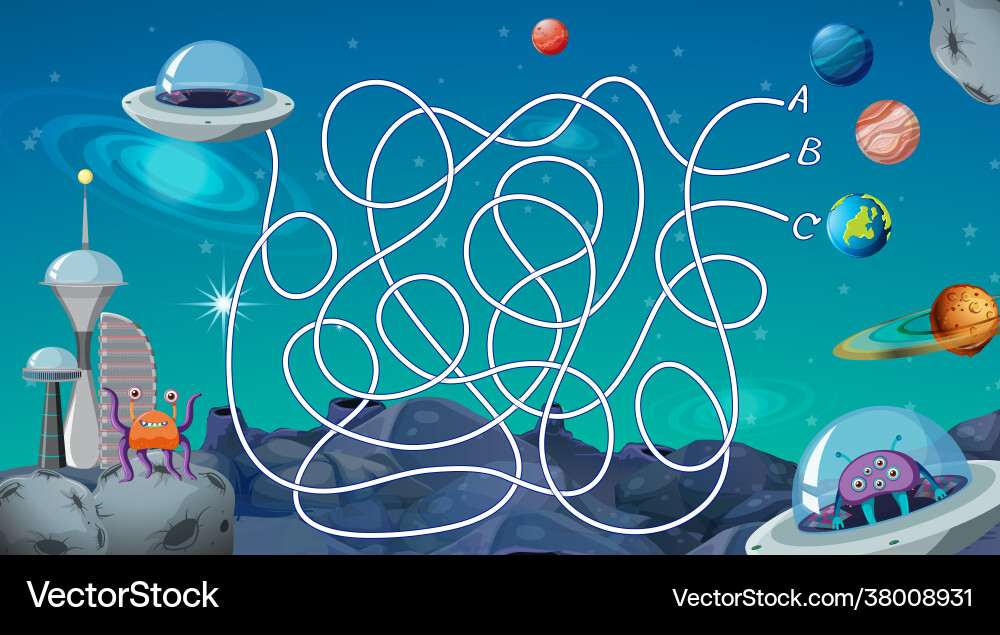 Maze game with space theme template Maze game with space theme template vector image