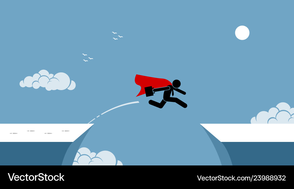 Businessman with red cape taking risk by jumping Vector Image
