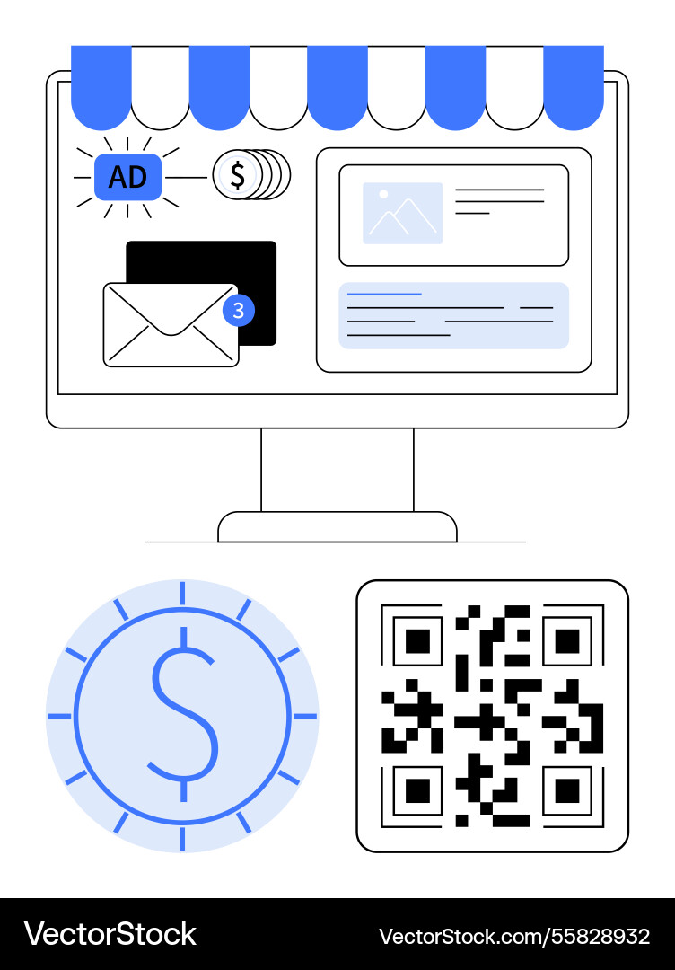 E-commerce dashboard with ads payments qr code vector image