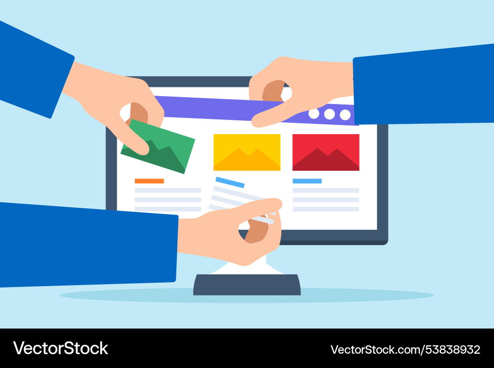 Flat of hands help build website on computer Flat of hands help build website on computer vector image