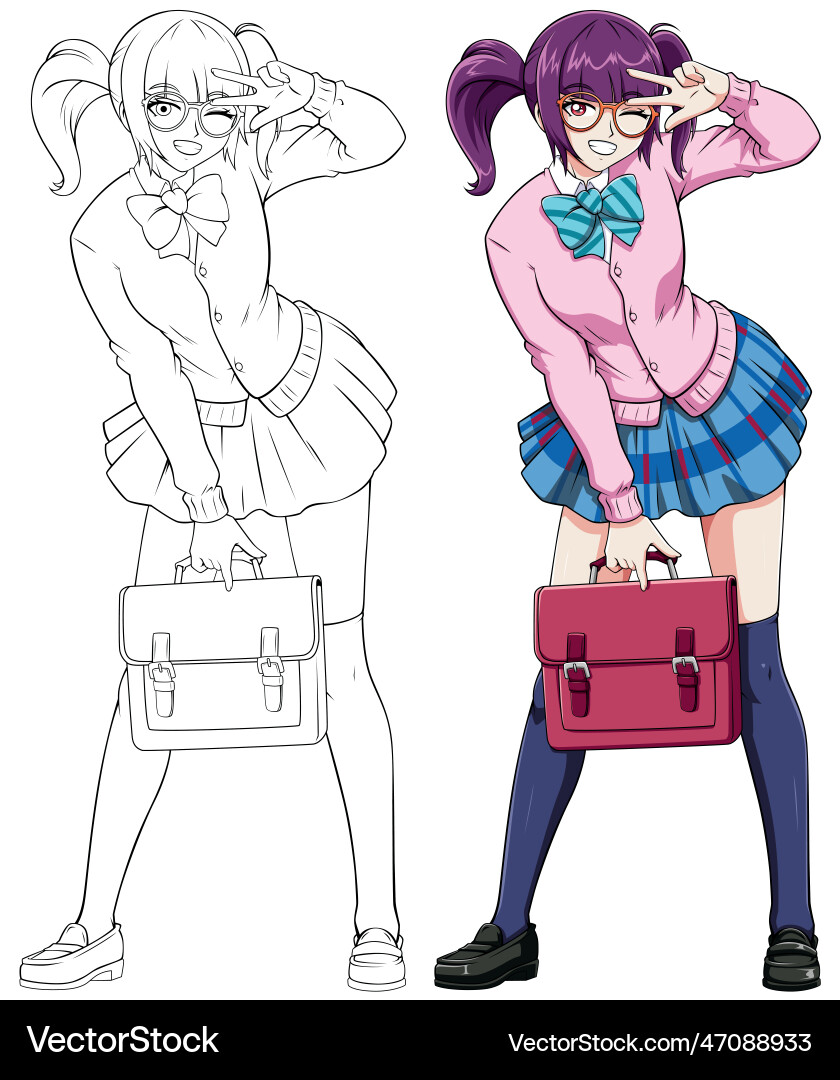 Anime manga schoolgirl holding backpack on white Anime manga schoolgirl holding backpack on white vector image