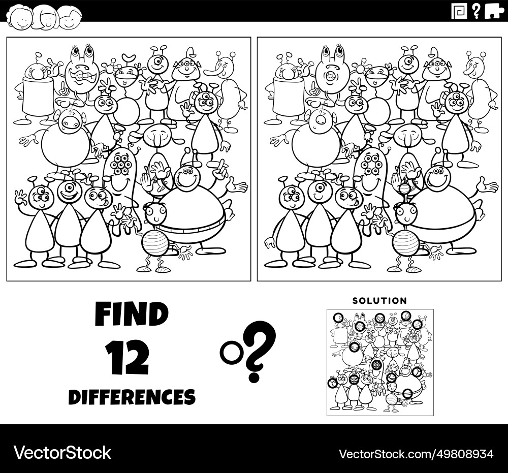 Differences game with cartoon aliens group Differences game with cartoon aliens group vector image