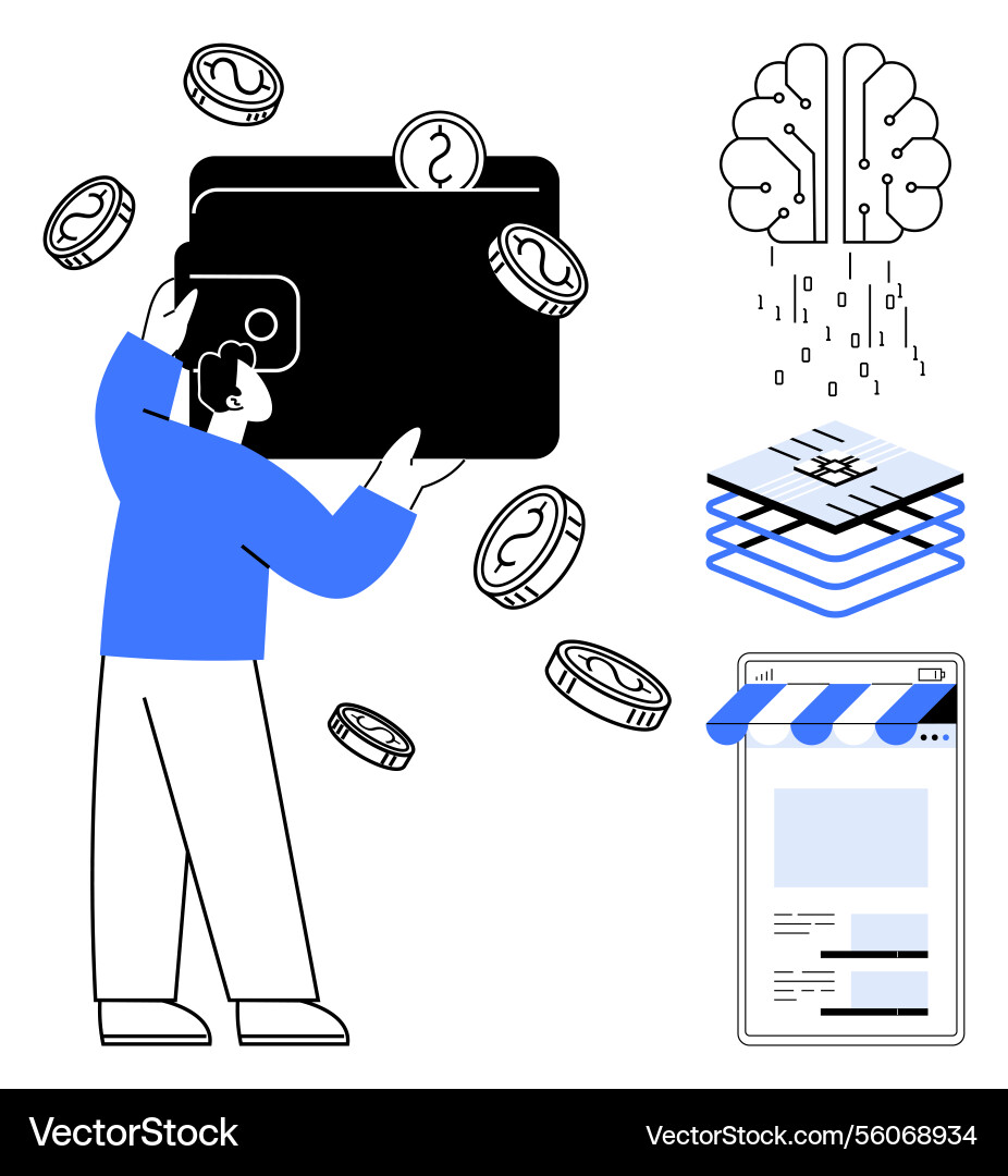 Man managing digital wallet with coins ai brain vector image