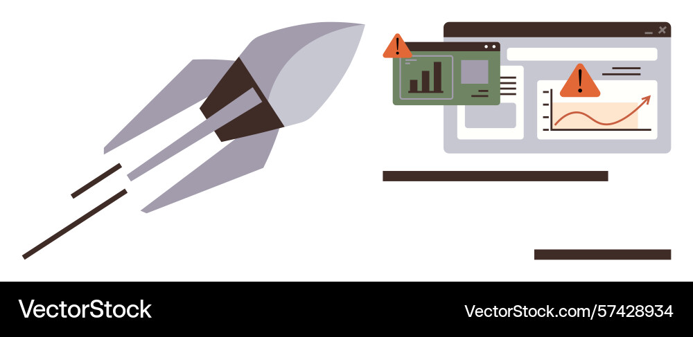 Rocket launch with alert warning signs on web Rocket launch with alert warning signs on web vector image