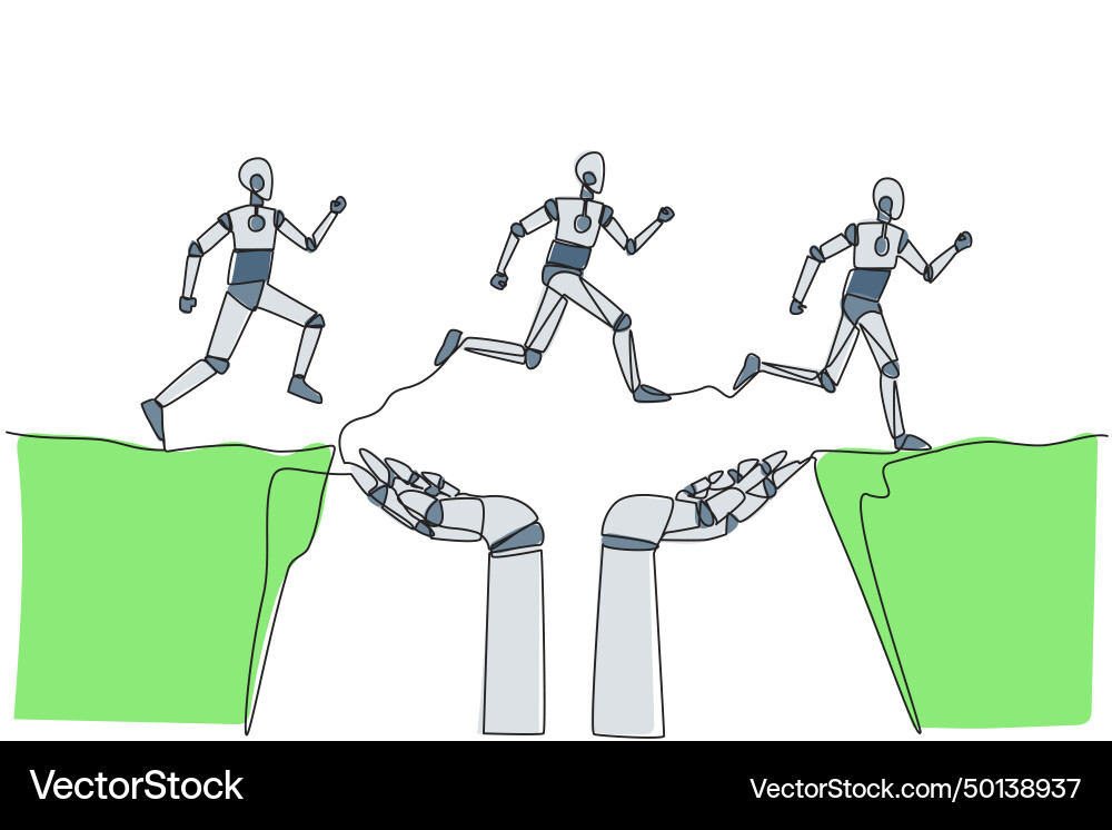 Single continuous line drawing three robots vector image
