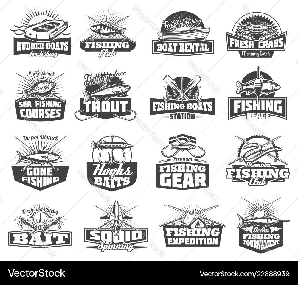 Fishing club fisher lures and tackles icons Fishing club fisher lures and tackles icons vector image