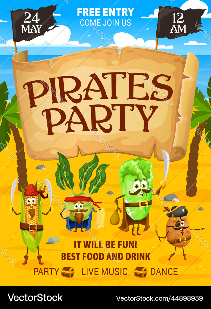 Pirates party flyer cartoon vegetable vector image