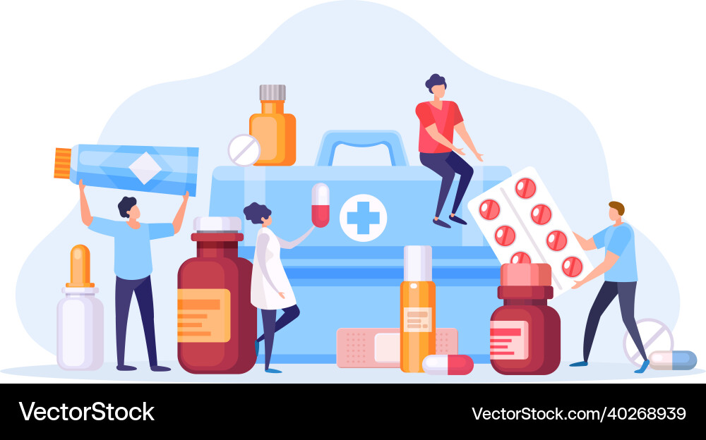 Tiny Apotheker mit Medizin vektorbild