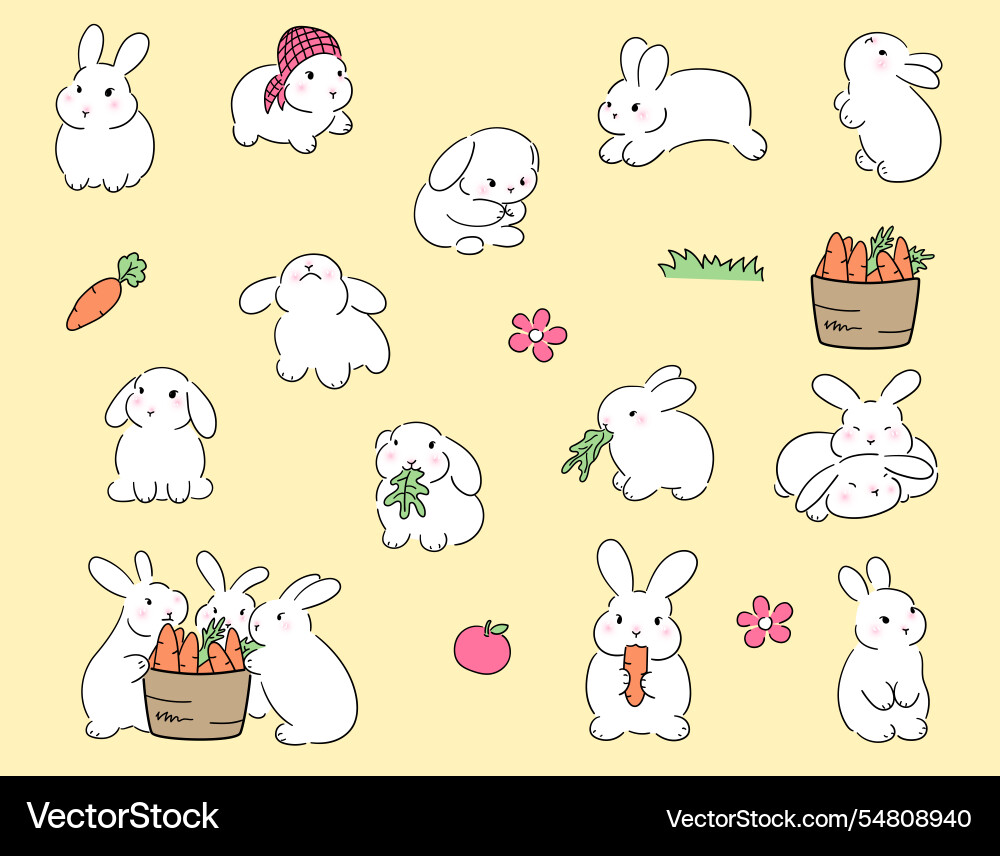 Hand drawn cute bunny rabbits doodle style Vector Image