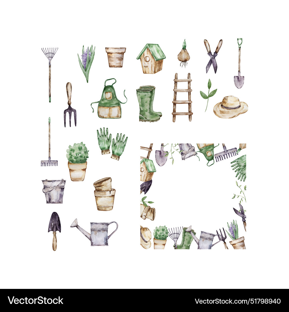 Watercolor garden frame with gardening tools Watercolor garden frame with gardening tools vector image