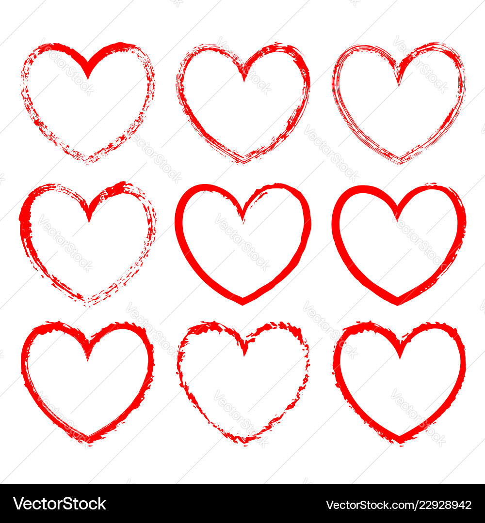 Set of heart-shaped frames drawn in red ink vector image