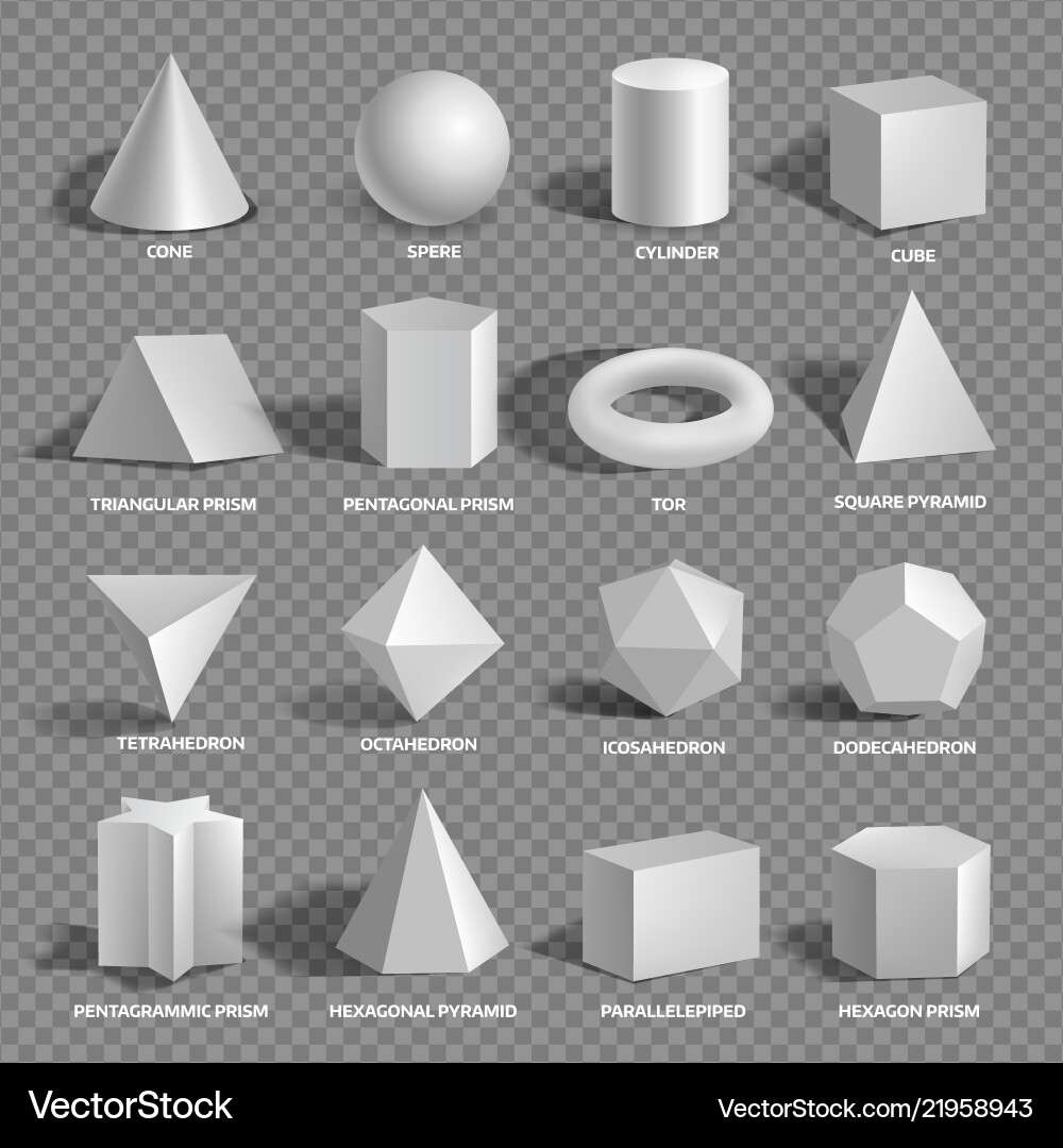 Basic 3d geometric shapes collection with names vector image