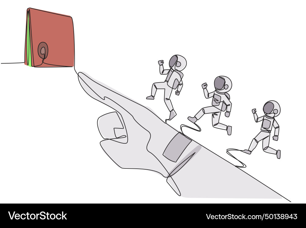 Continuous one line drawing 3 astronauts running Continuous one line drawing 3 astronauts running vector image