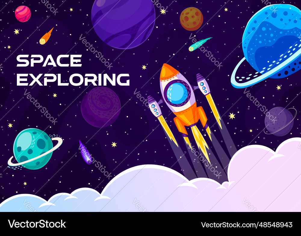 Space rocket launch cartoon galaxy planets Space rocket launch cartoon galaxy planets vector image