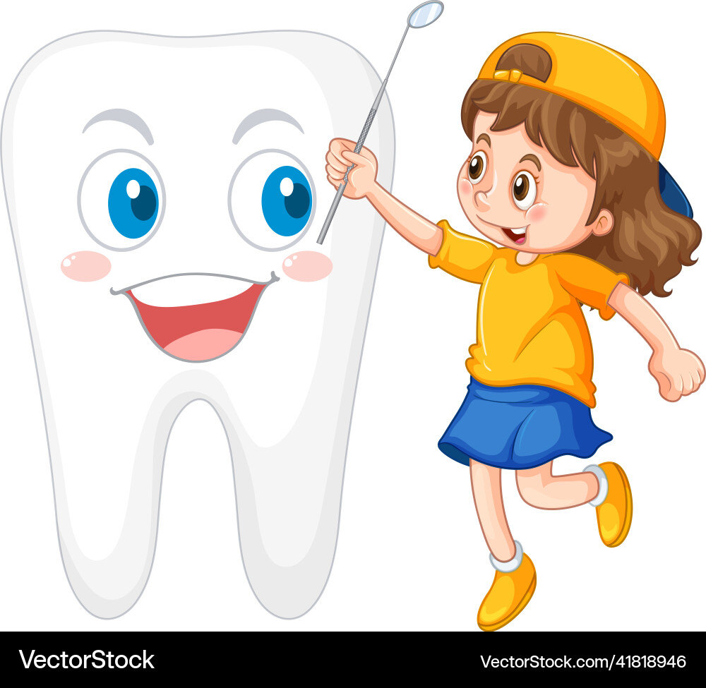 A little girl checking tooth with dental mirror vector image