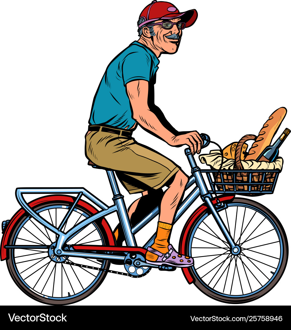 Old man on bike with shopping food Royalty Free Vector Image