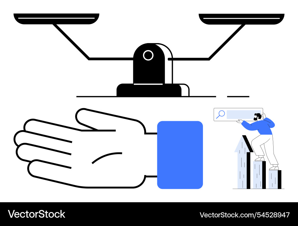 Balancing scale open hand and person searching Balancing scale open hand and person searching Vector Image