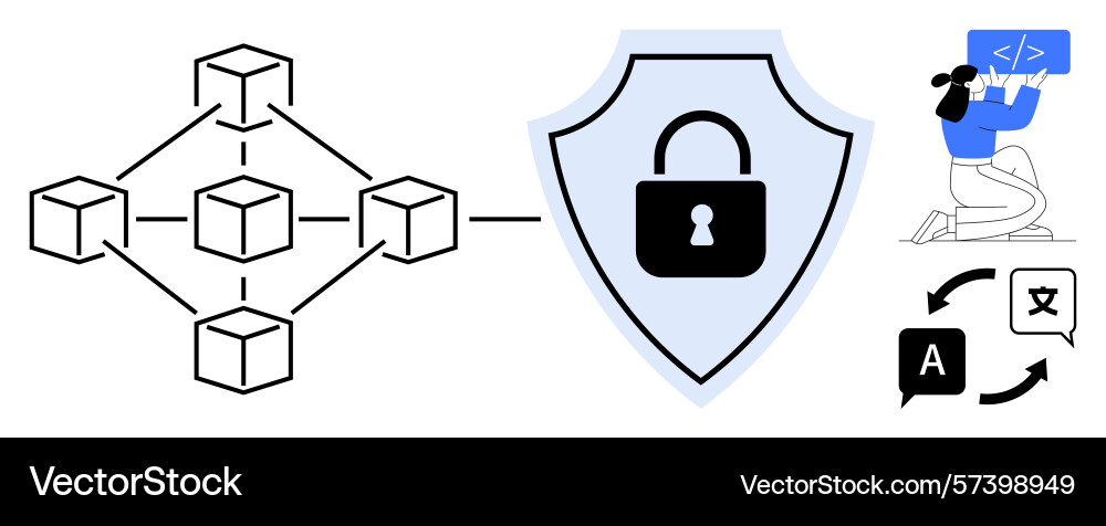 Blockchain network with shield lock vector image