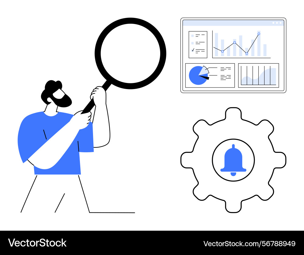 Man analyzing data with magnifying glass charts Man analyzing data with magnifying glass charts vector image
