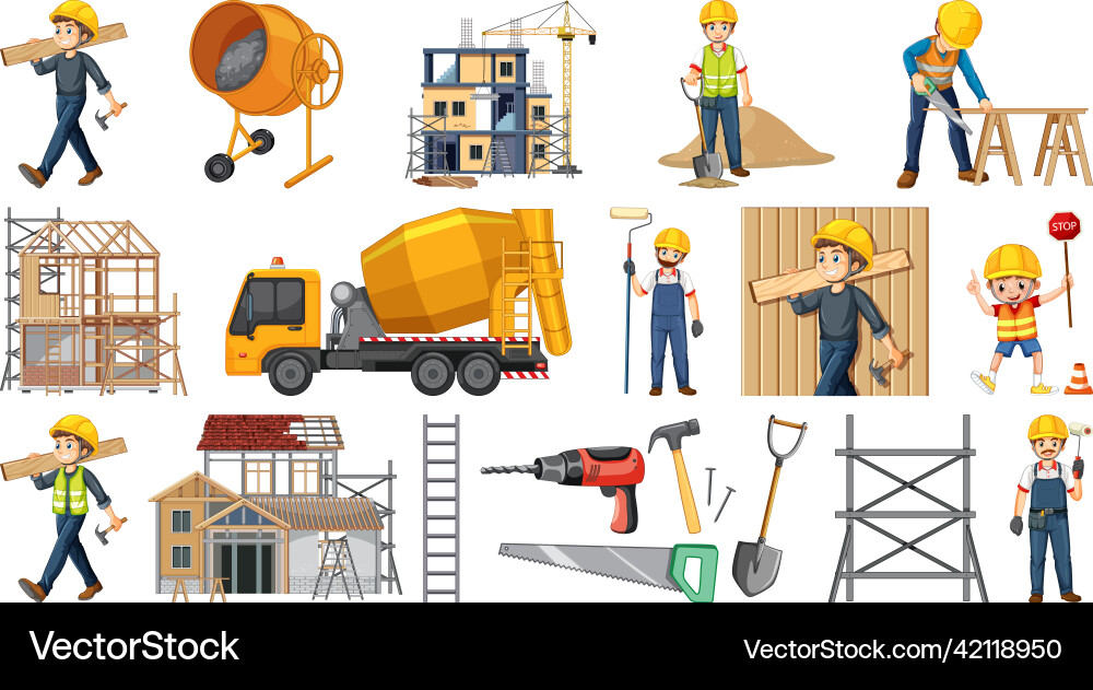 Set of construction site objects and workers vector image