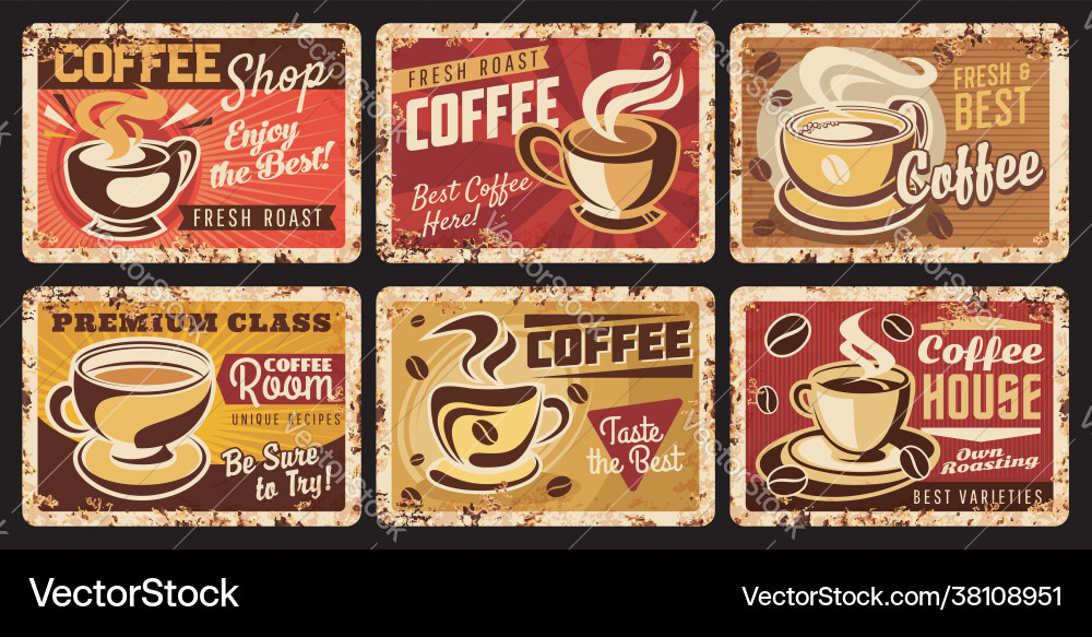 Kaffeebecher und Bohnen Vintage Metall Banner Kaffeebecher und Bohnen Vintage Metall Banner vektorbild