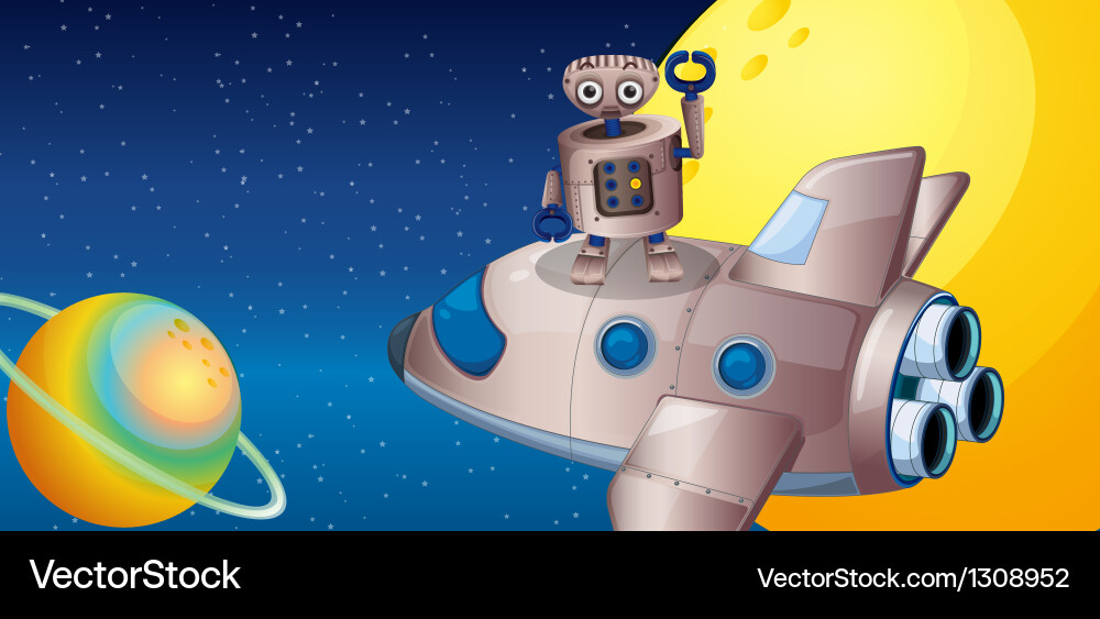 A robot above the spaceship in outerspace Vector Image