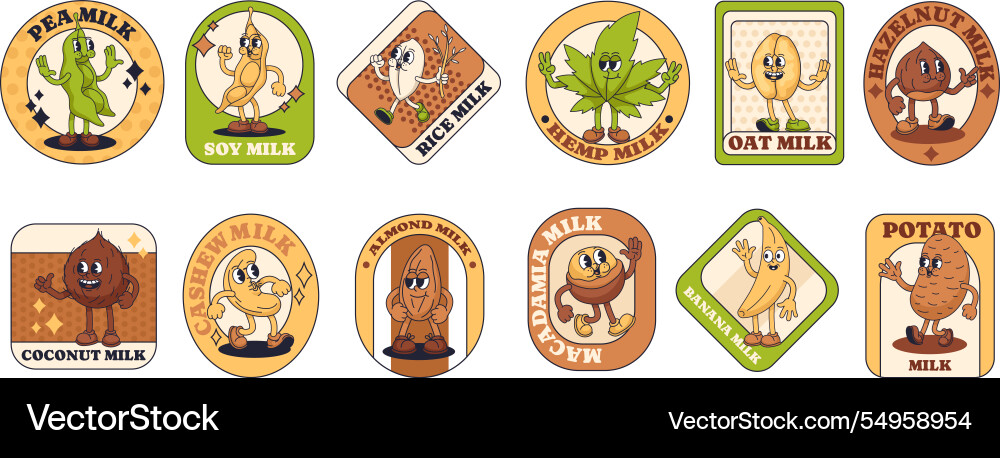 Groovy cartoon alternative milk label stickers Groovy cartoon alternative milk label stickers vector image