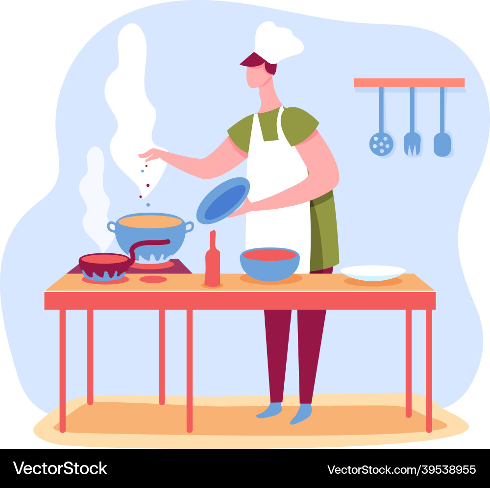 Chef cooks dinner at kitchen restaurant or cafe Chef cooks dinner at kitchen restaurant or cafe vector image