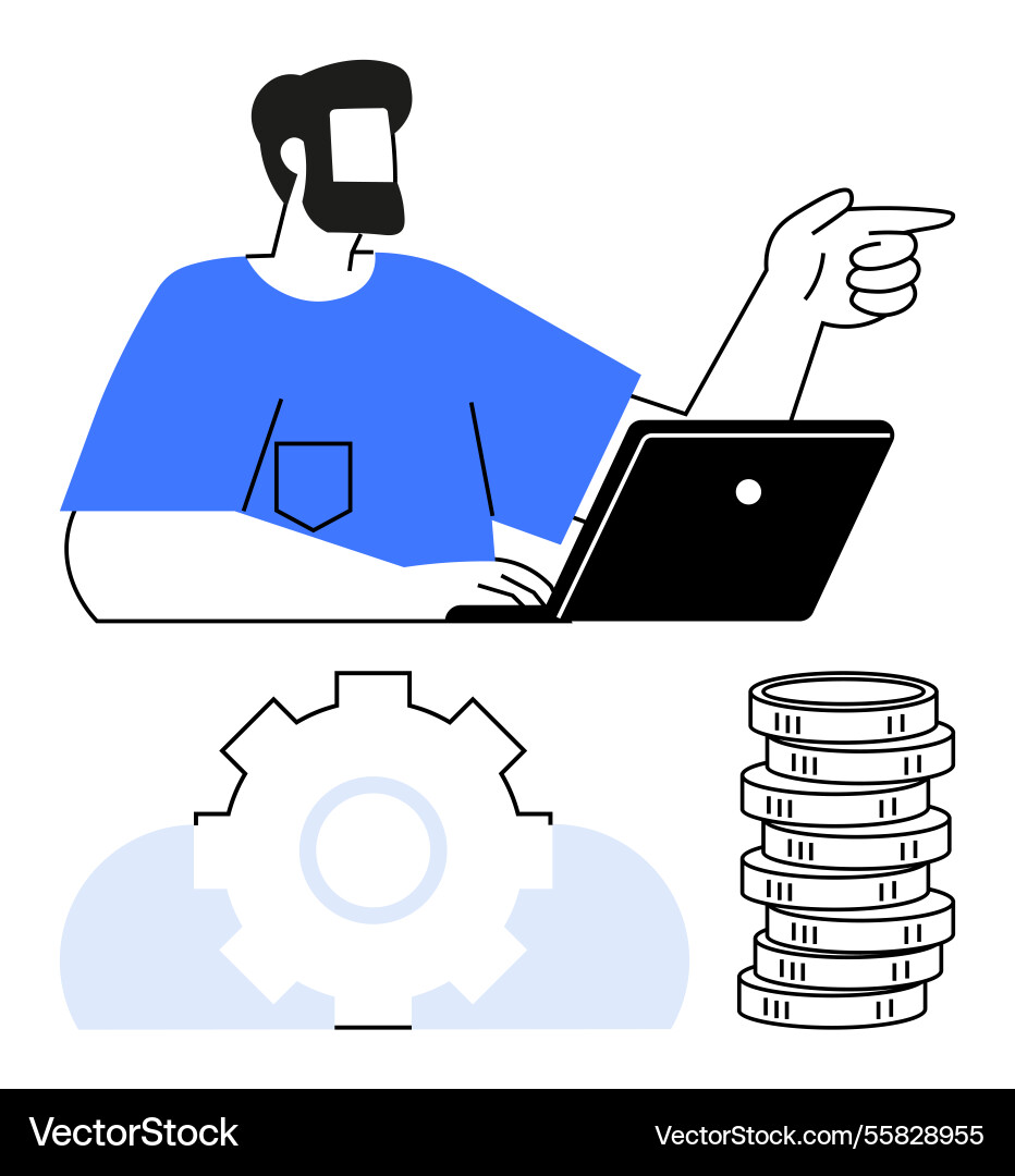 Man pointing while working on laptop stack Man pointing while working on laptop stack vector image