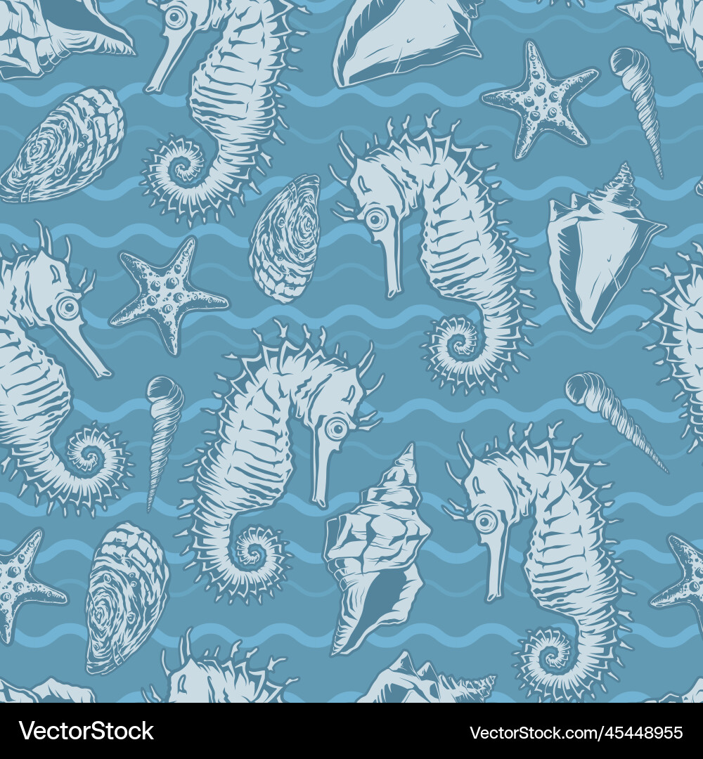 Marine fauna pattern seamless monochrome vector image