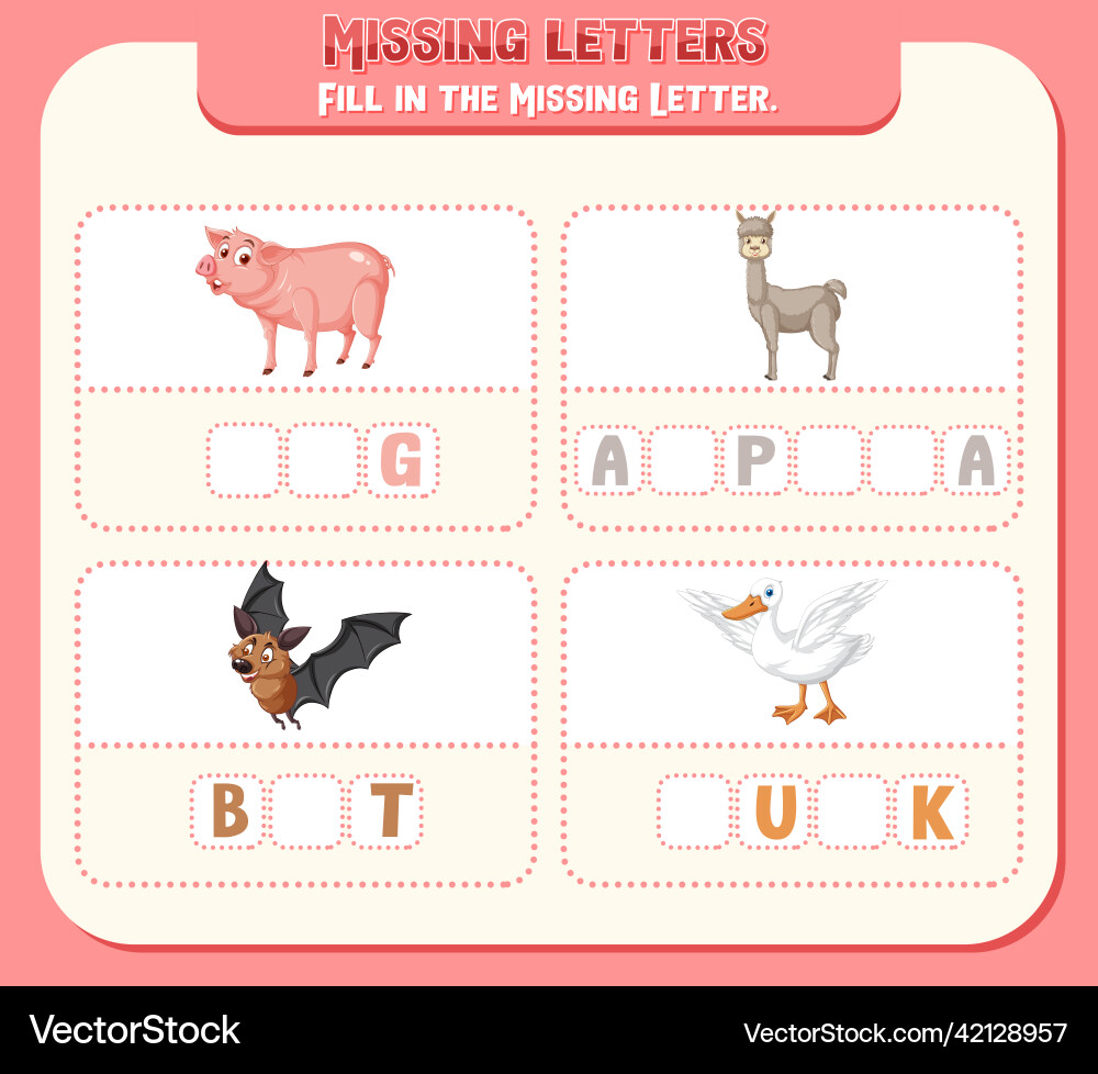 Fill the missing letter of each word worksheet Vector Image