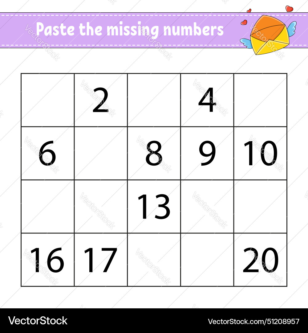 Paste the missing numbers 1-20 game for children Vector Image