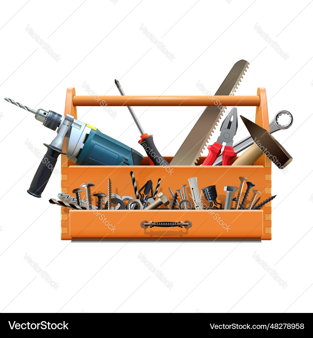 Wooden toolbox with tools and fasteners vector image