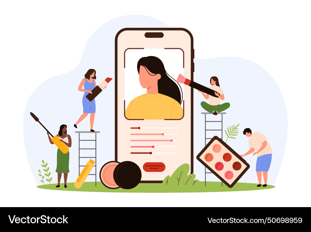Makeup creation in mobile app tiny people create Makeup creation in mobile app tiny people create Vector Image
