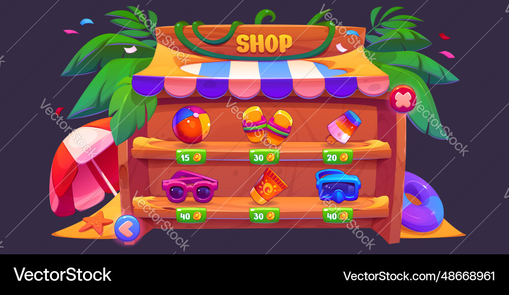 Summer beach ui game store interface with button vector image