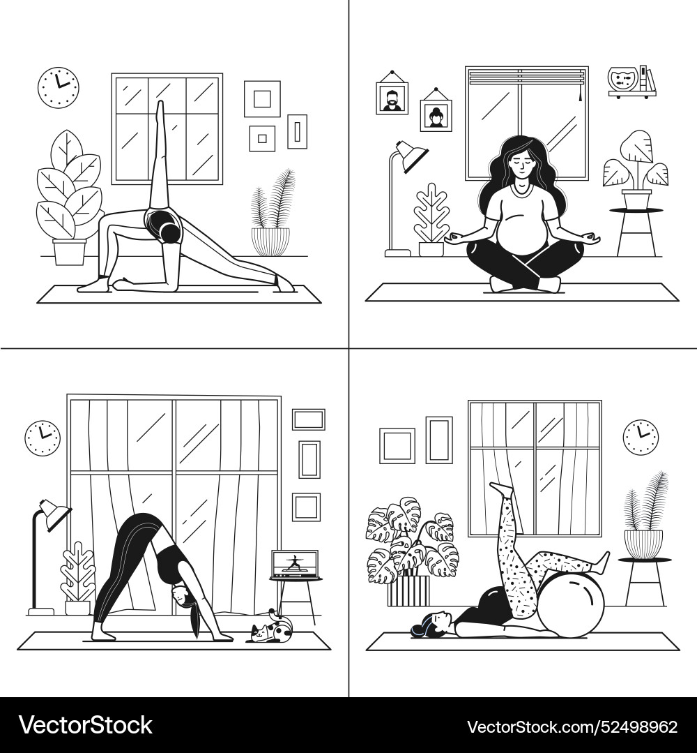 Junge Frau tun zu Hause Workout und Yoga-Anzeige Zimmer Junge Frau tun zu Hause Workout und Yoga-Anzeige Zimmer vektorbild