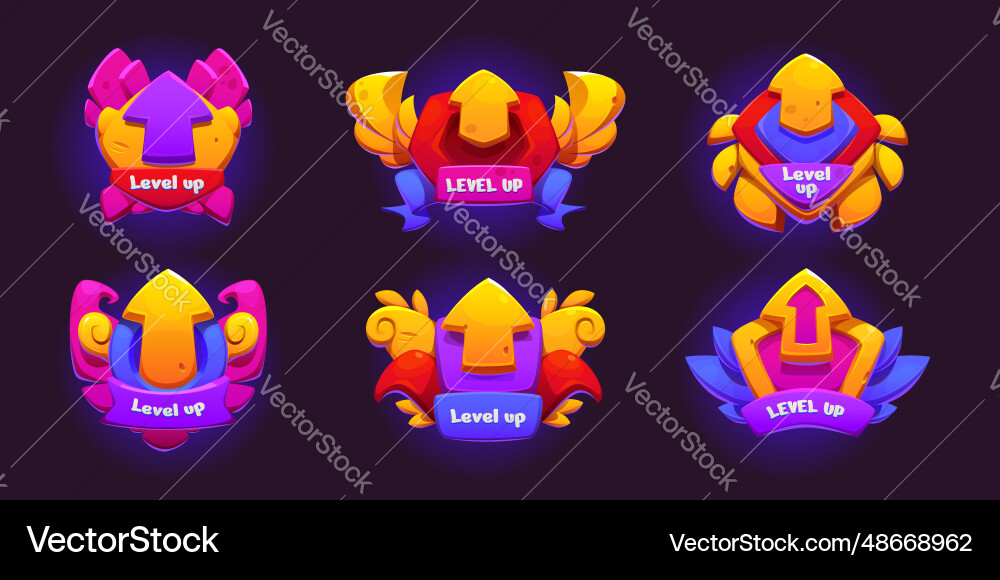 Level up game ui badge with arrow ribbon and sign Level up game ui badge with arrow ribbon and sign vector image