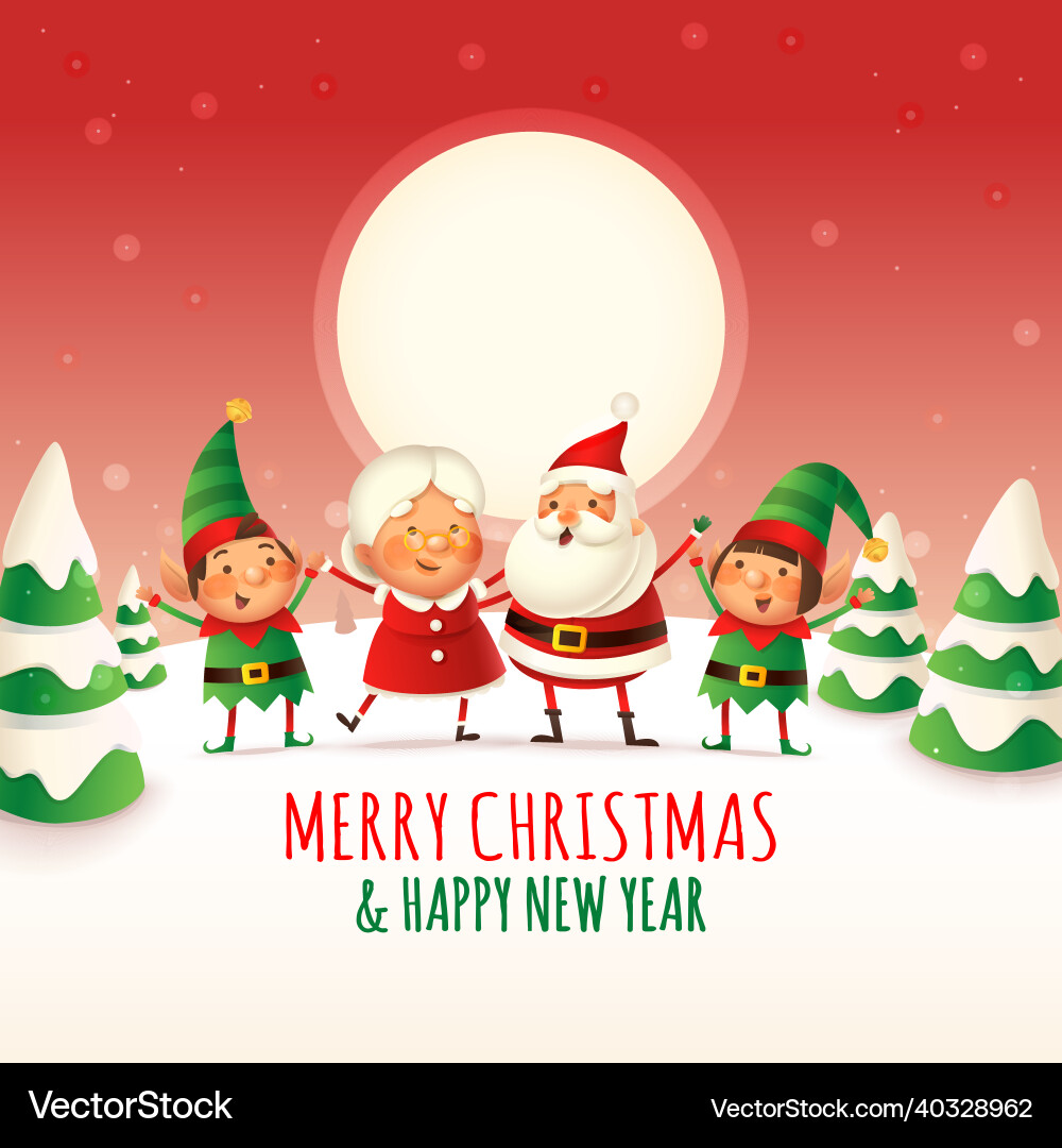 Santa claus mrs and elves celebrate Santa claus mrs and elves celebrate vector image