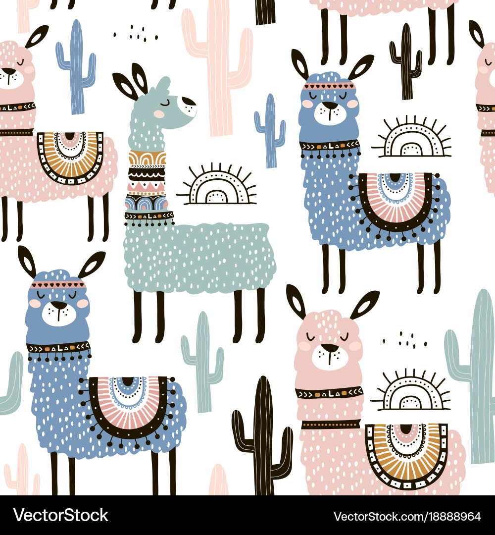 Llama Cactus Seamless Pattern vector image