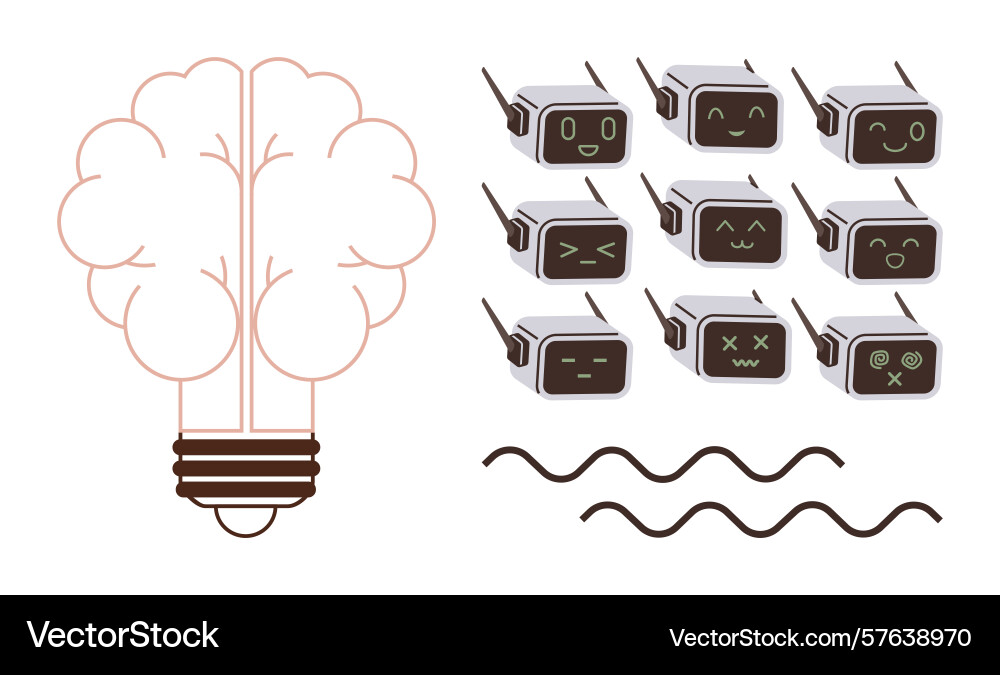 Brainlight bulb and robots expressing emotions vector image