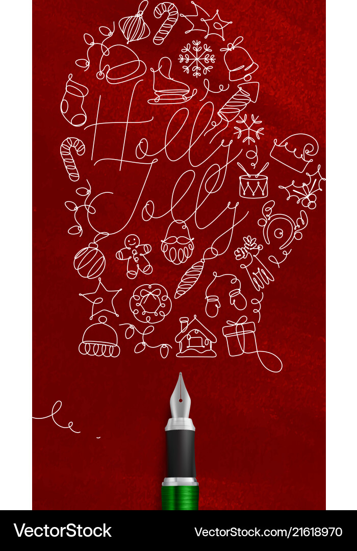 Christmas Pen Drawing - Festive Tree & Holly Vector Image