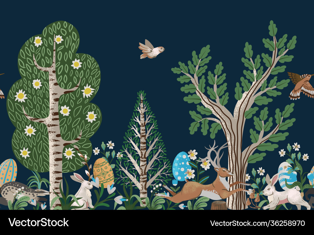 Rustic border with trees rabbits eggs and other Rustic border with trees rabbits eggs and other vector image