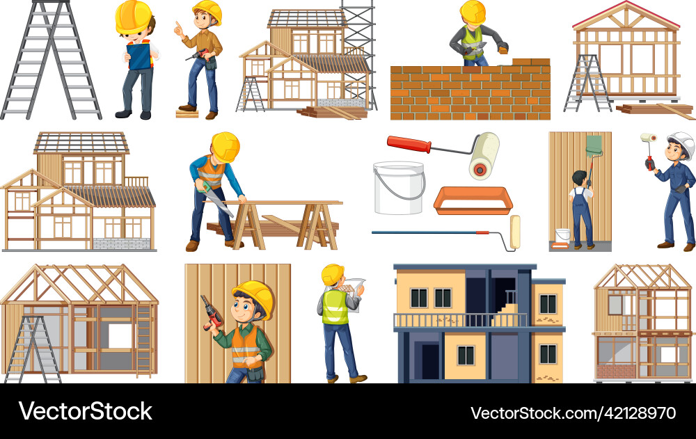 Set of construction site objects and workers Vector Image